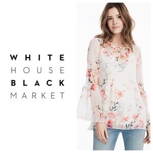 White House Black Market White & Pink Floral Print Mimosa Flutter Sleeve Chiffon